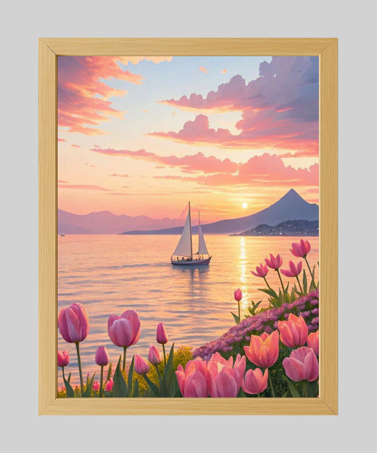 Framed artwork of a sailboat on water with a sunset and mountains, surrounded by pink tulips.
