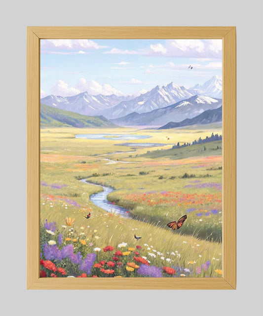 Framed Mountain View Painting with River & Wildflowers