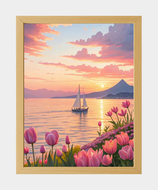 “Ocean Sunset Sailboats Framed Wall Art – Coastal Landscape Painting with Tulips”