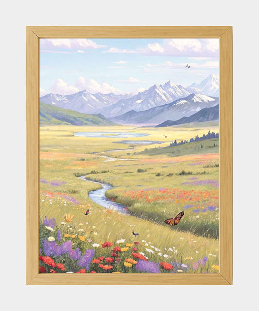 Framed Mountain View Painting with River & Wildflowers